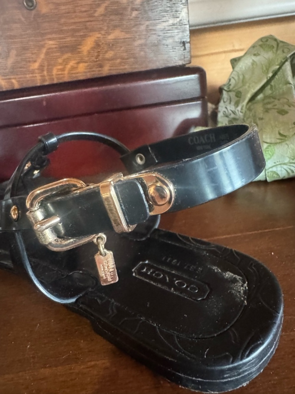 Coach Women's Black T-Strap Jelly Sandals with Gold Accent - Picture 2 of 4